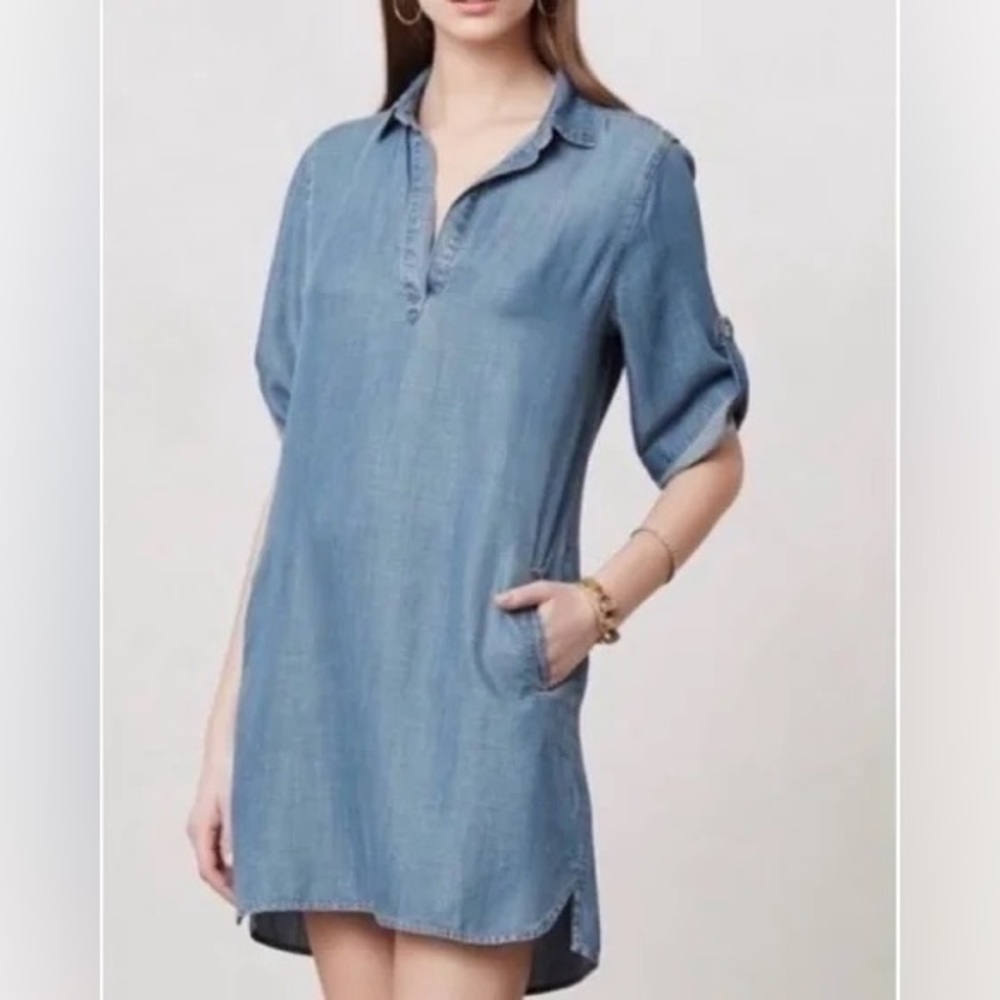 Cloth & Stone Anthropologie Chambray Dress Soft XS Pockets V-Neck Collar